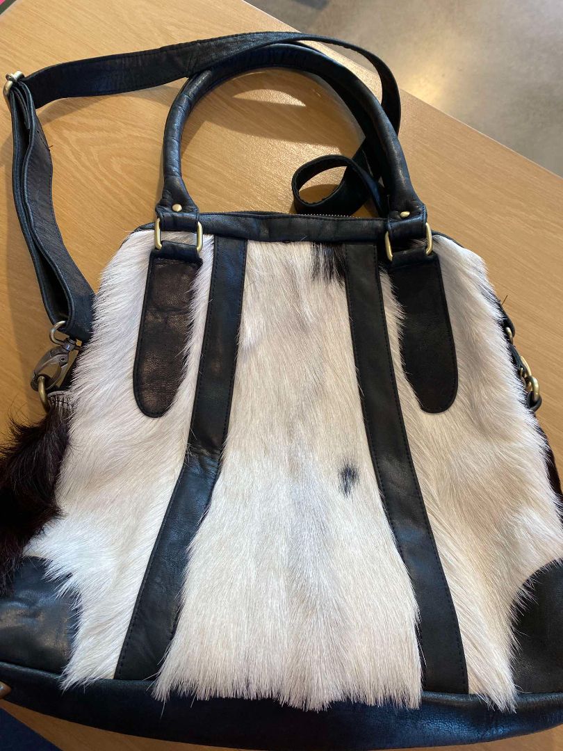 Black & White cow hide Furmoo Bag, 37cm W x 35cm H x 11cm D