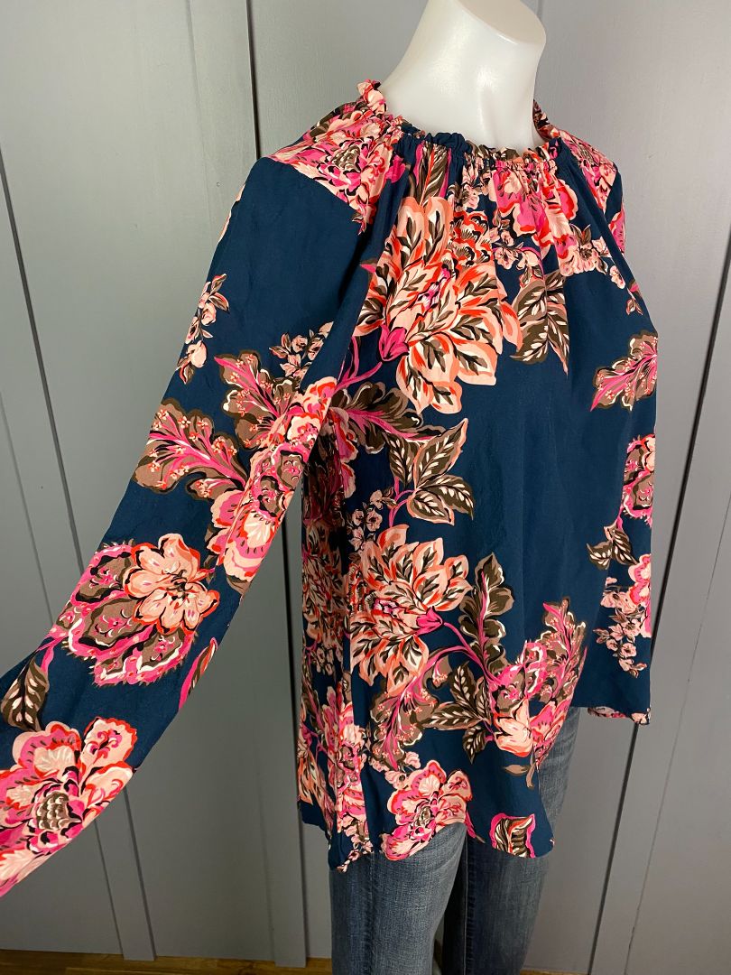 Dark Teal & Floral print Sunday Boho Top, S
