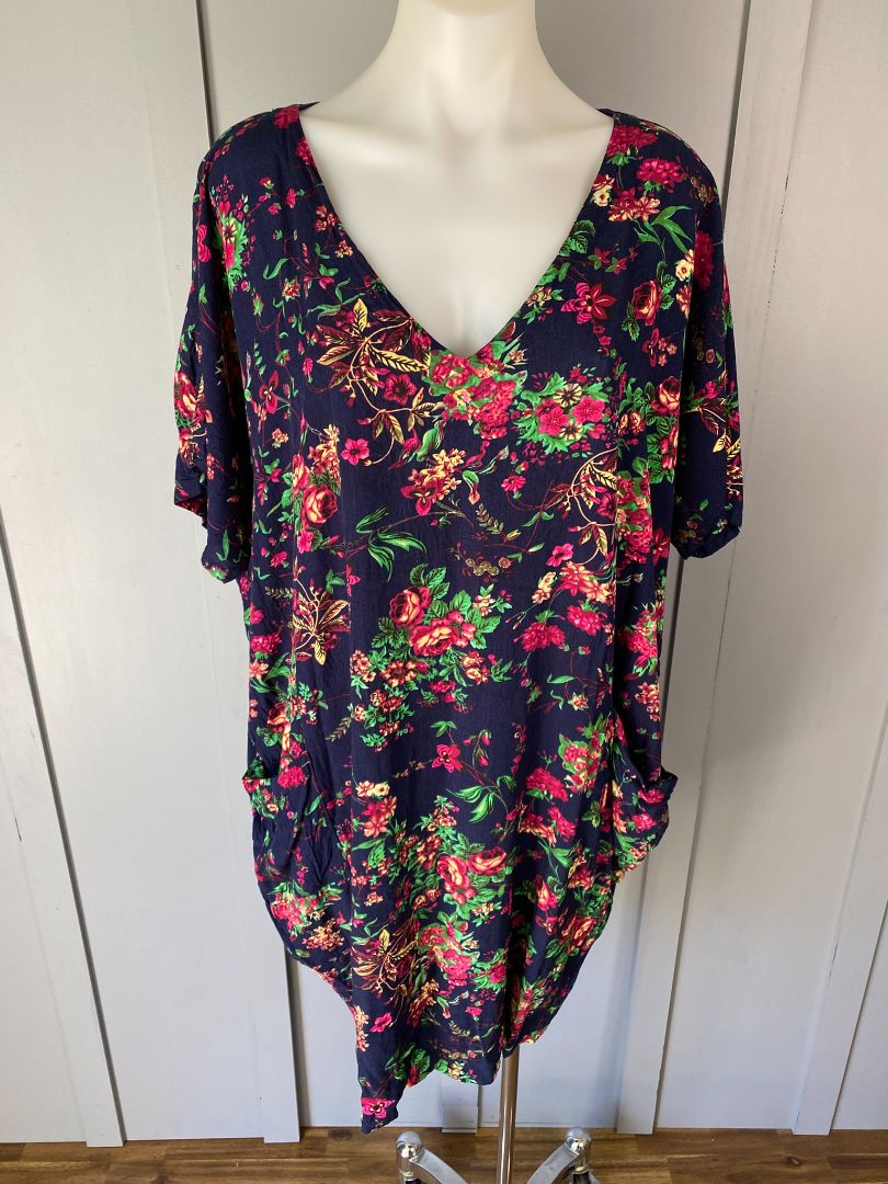 Navy Floral Red Lotus Dress, XXL