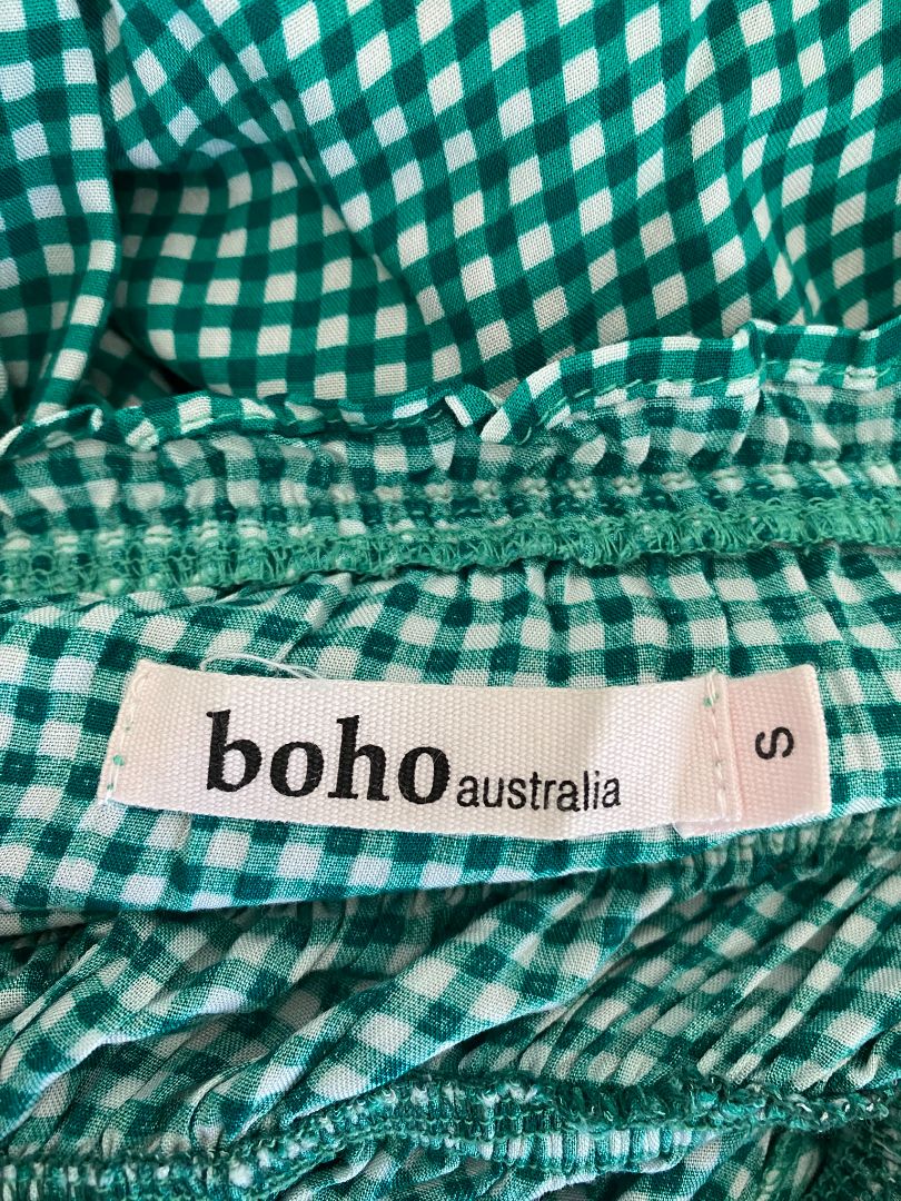 Green Gingham Boho Dress, S