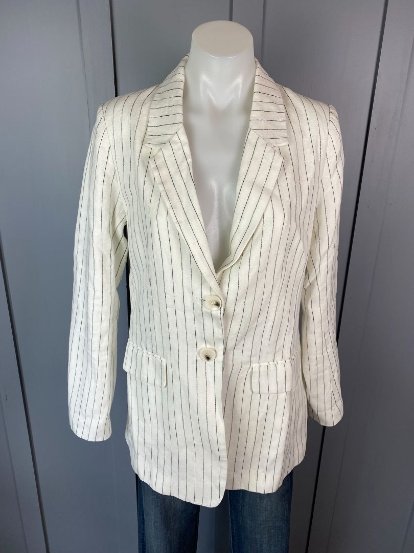 White/Black Pinstripe Reunion Label Linen Blazer, 8