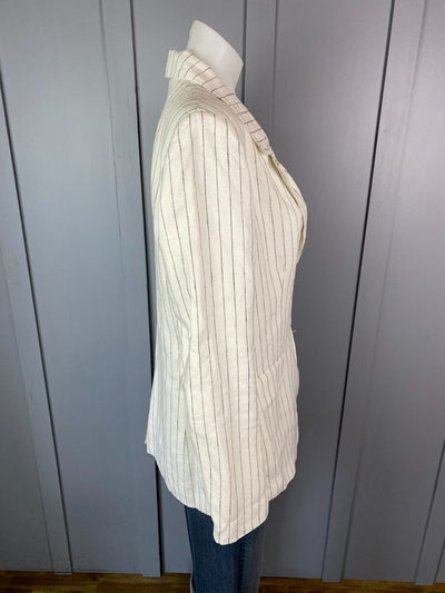 White/Black Pinstripe Reunion Label Linen Blazer, 8