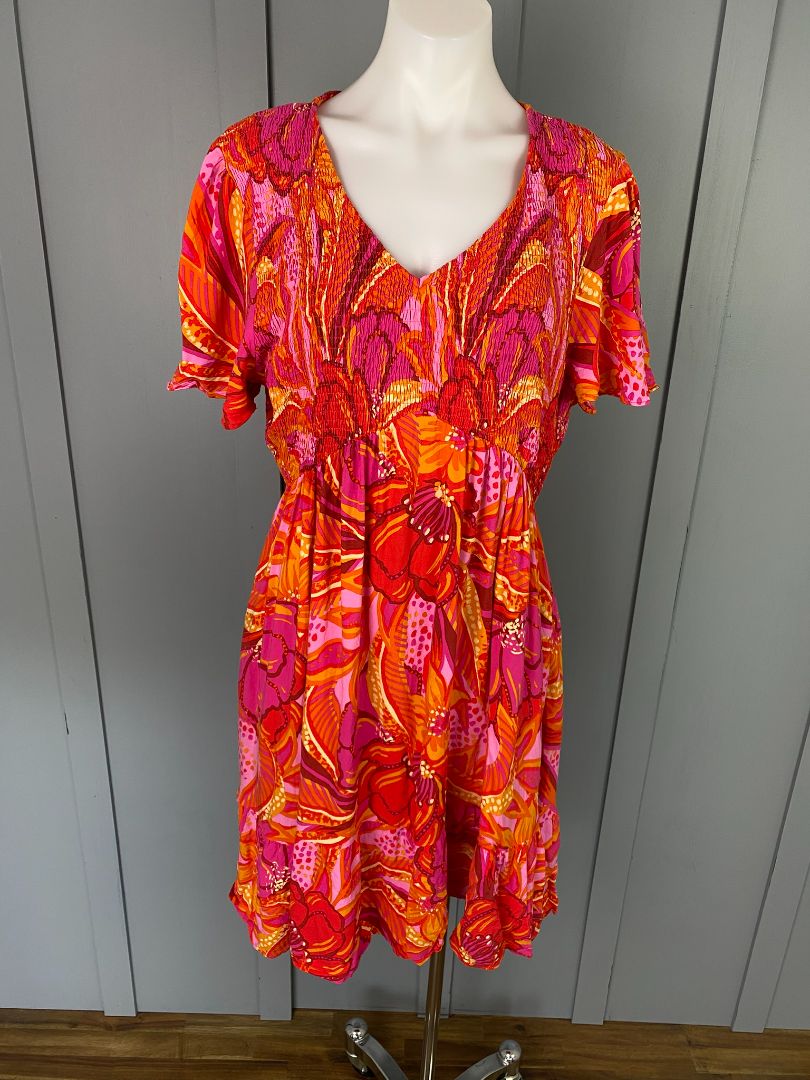 Pink & Orange print Boho Dress, L